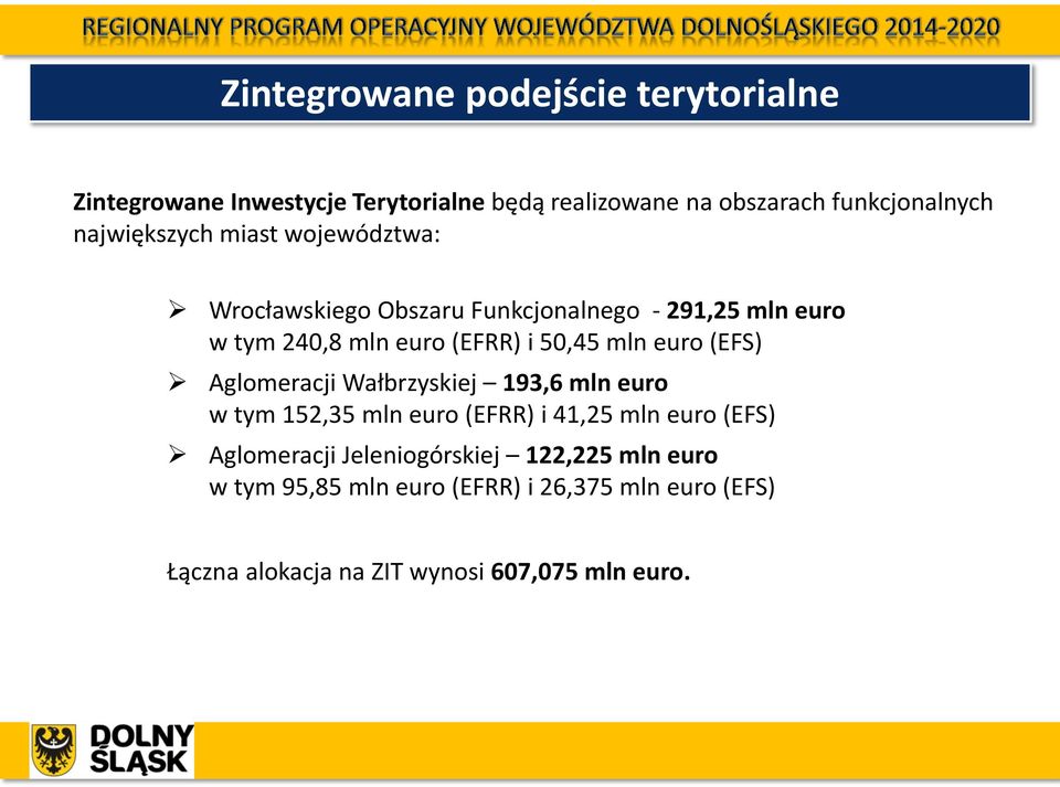 mln euro (EFS) Aglomeracji Wałbrzyskiej 193,6 mln euro w tym 152,35 mln euro (EFRR) i 41,25 mln euro (EFS) Aglomeracji