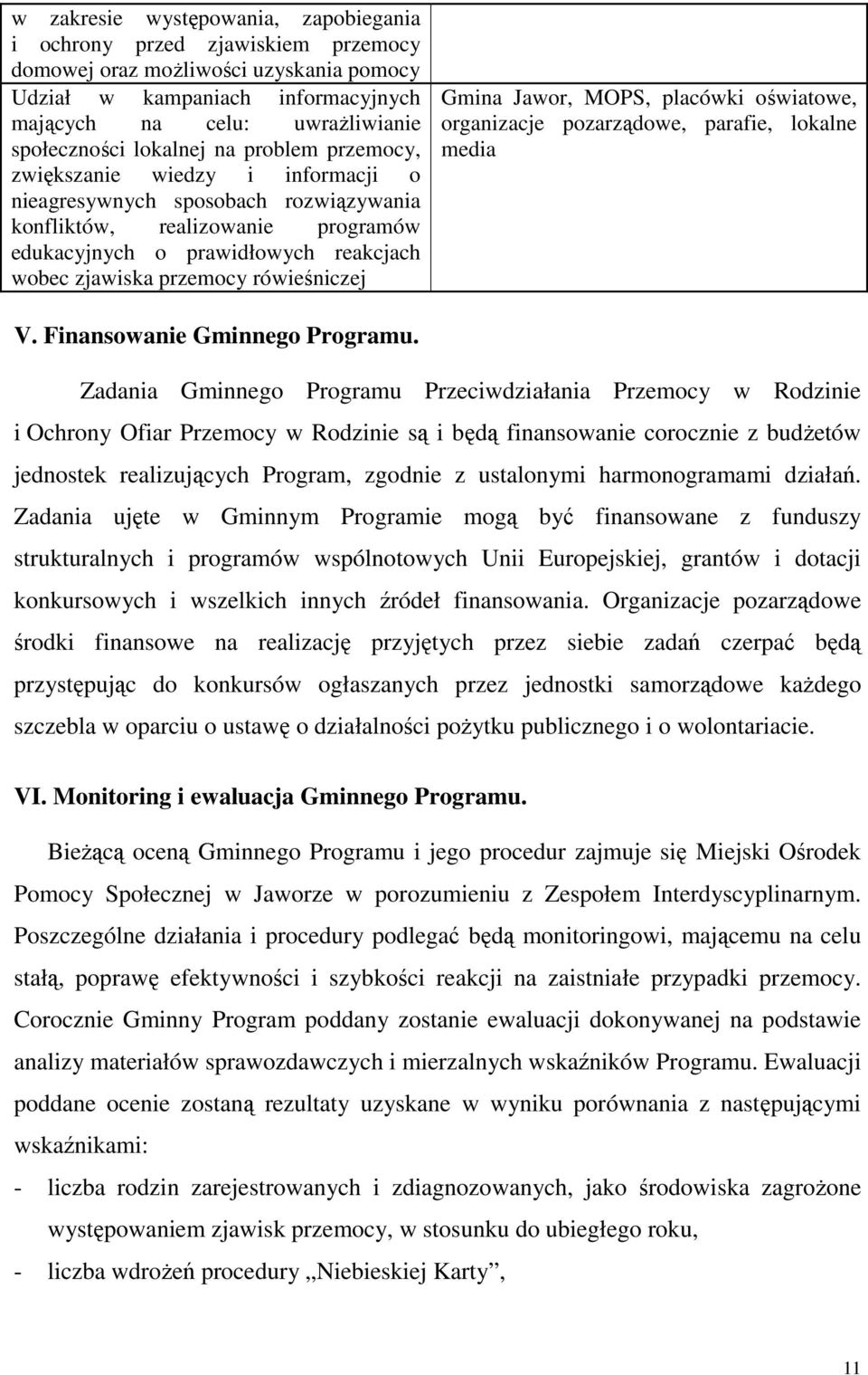 rówieśniczej Gmina Jawor, MOPS, placówki oświatowe, organizacje pozarządowe, parafie, lokalne media V. Finansowanie Gminnego Programu.