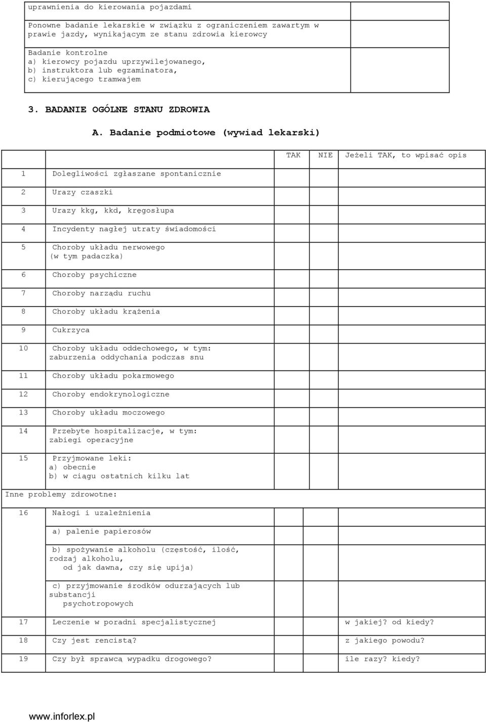 Badanie podmiotowe (wywiad lekarski) 1 Dolegliwości zgłaszane spontanicznie 2 Urazy czaszki 3 Urazy kkg, kkd, kręgosłupa 4 Incydenty nagłej utraty świadomości 5 Choroby układu nerwowego (w tym