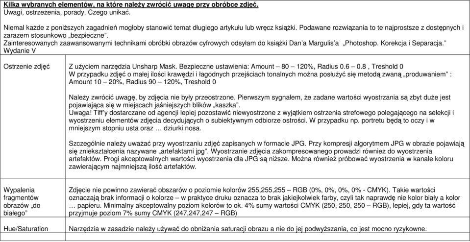 Zainteresowanych zaawansowanymi technikami obróbki obrazów cyfrowych odsyłam do książki Dan a Margulis a Photoshop. Korekcja i Separacja. Wydanie V Ostrzenie zdjęć Z użyciem narzędzia Unsharp Mask.