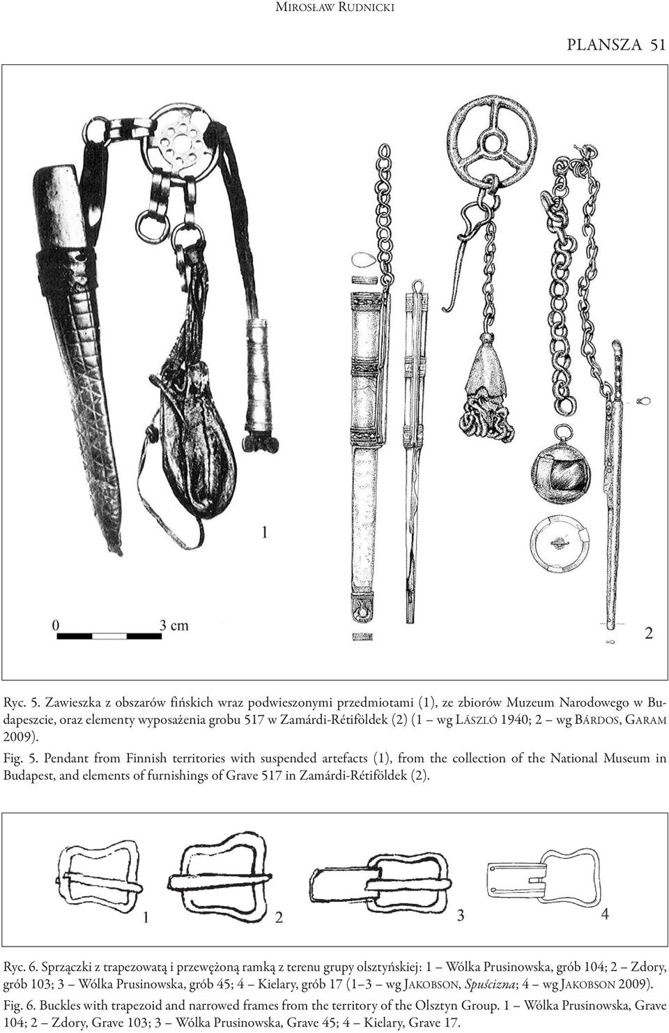 Zawieszka z obszarów fińskich wraz podwieszonymi przedmiotami (1), ze zbiorów Muzeum Narodowego w Budapeszcie, oraz elementy wyposażenia grobu 517 w Zamárdi-Rétiföldek (2) (1 wg LáSZLó 1940; 2 wg