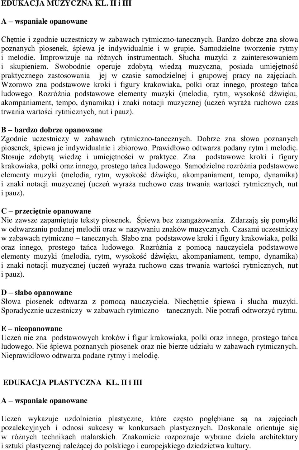 Swobodnie operuje zdobytą wiedzą muzyczną, posiada umiejętność praktycznego zastosowania jej w czasie samodzielnej i grupowej pracy na zajęciach.