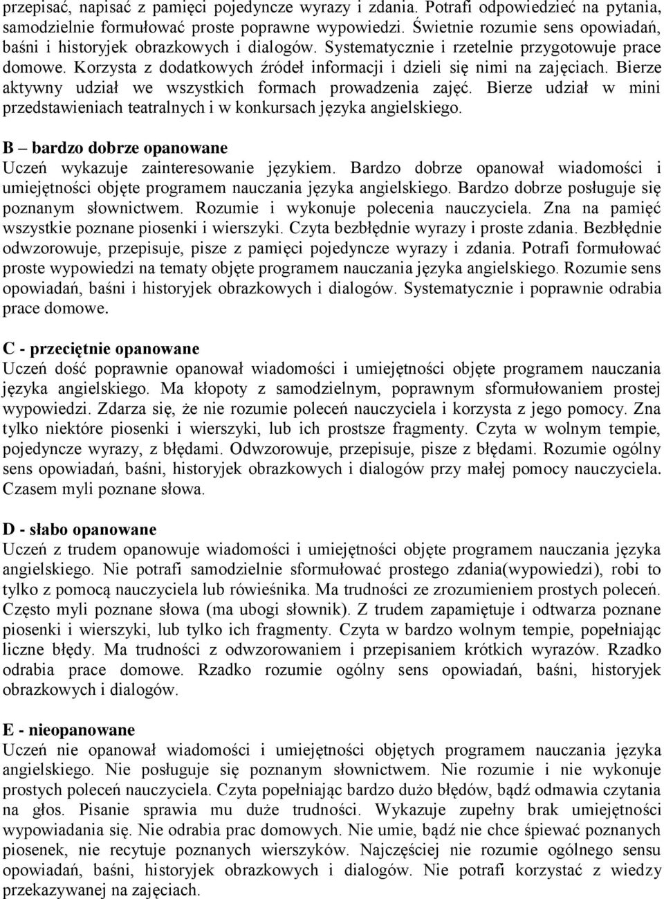 Korzysta z dodatkowych źródeł informacji i dzieli się nimi na zajęciach. Bierze aktywny udział we wszystkich formach prowadzenia zajęć.