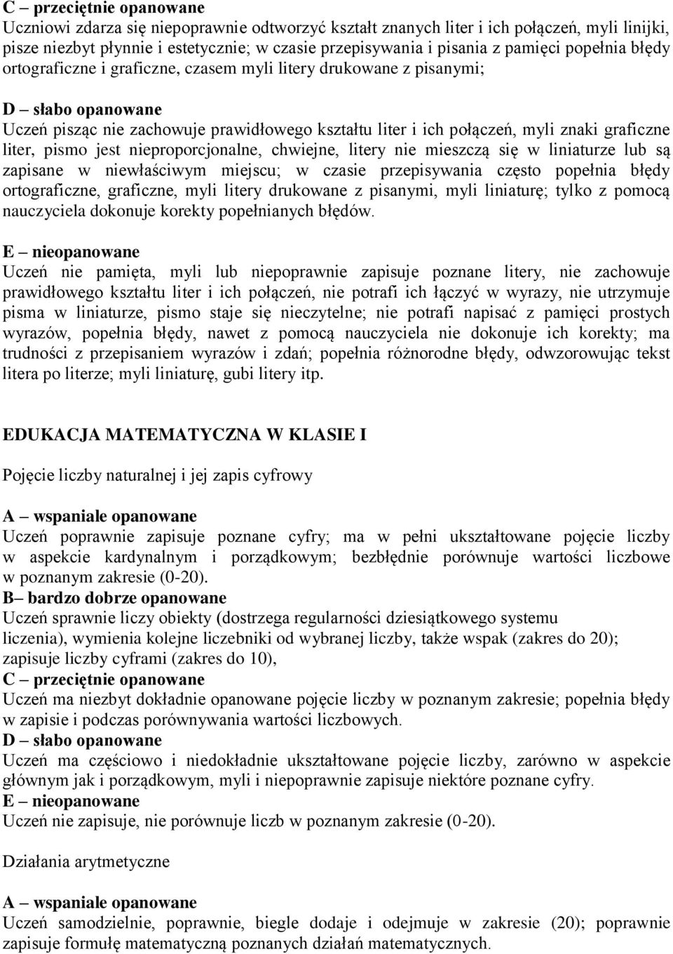 chwiejne, litery nie mieszczą się w liniaturze lub są zapisane w niewłaściwym miejscu; w czasie przepisywania często popełnia błędy ortograficzne, graficzne, myli litery drukowane z pisanymi, myli