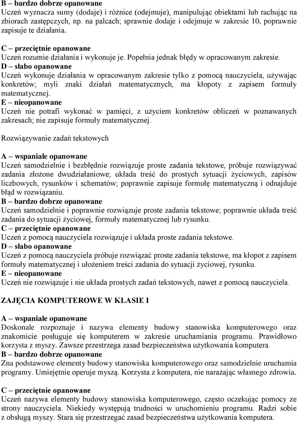Uczeń wykonuje działania w opracowanym zakresie tylko z pomocą nauczyciela, używając konkretów; myli znaki działań matematycznych, ma kłopoty z zapisem formuły matematycznej.