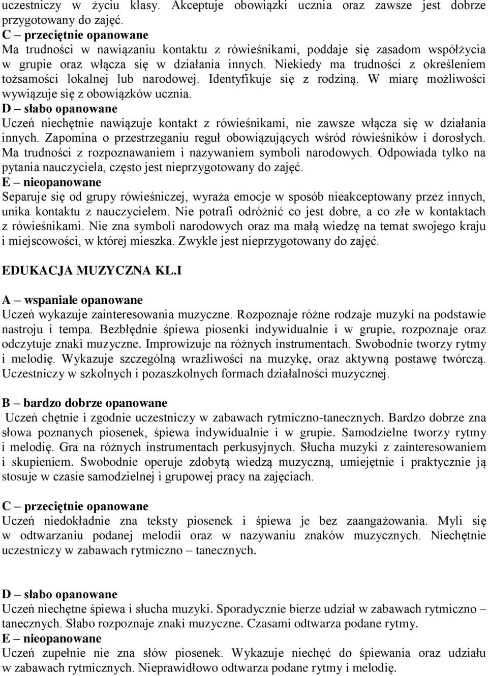 Identyfikuje się z rodziną. W miarę możliwości wywiązuje się z obowiązków ucznia. Uczeń niechętnie nawiązuje kontakt z rówieśnikami, nie zawsze włącza się w działania innych.