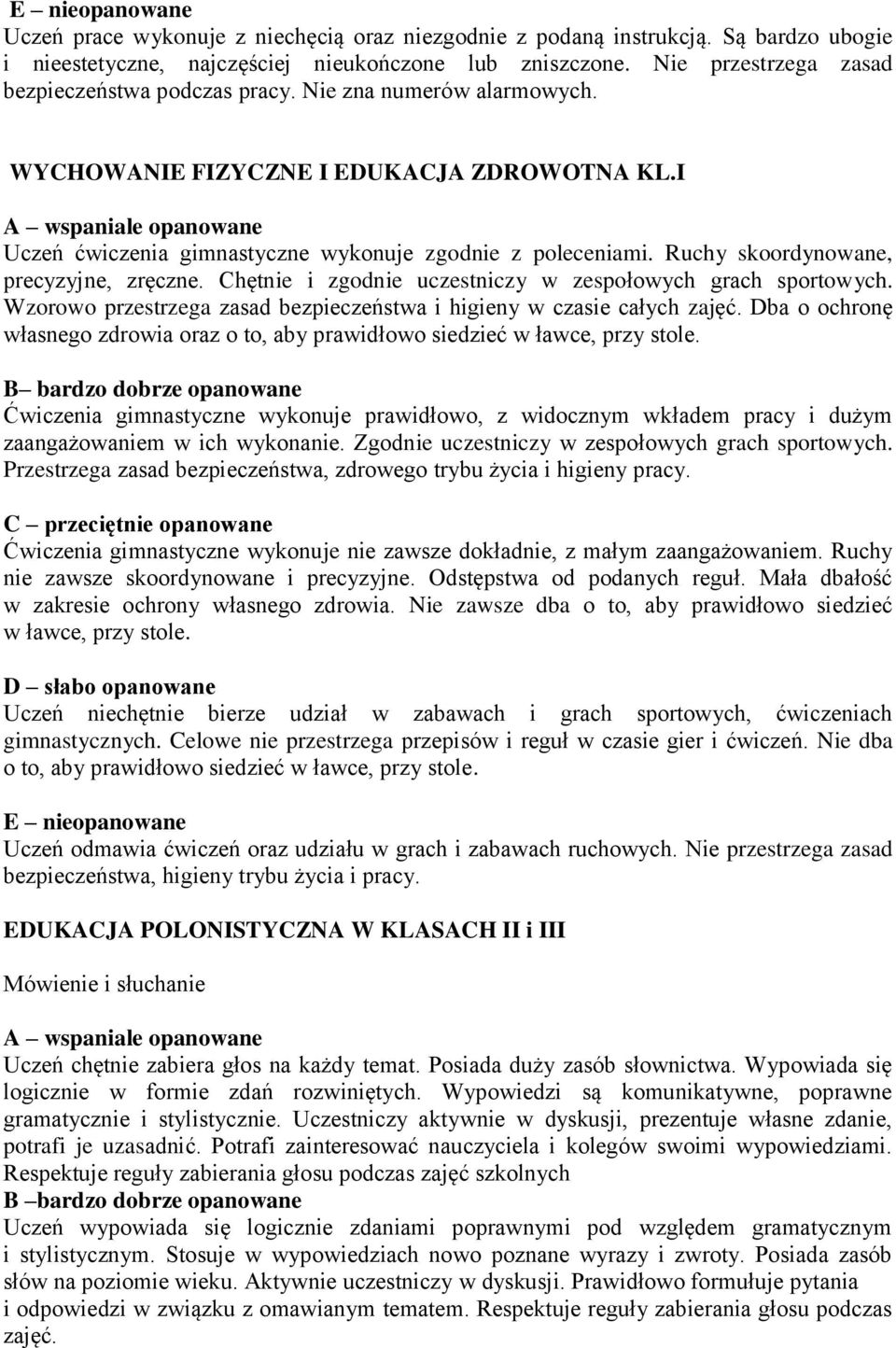 Chętnie i zgodnie uczestniczy w zespołowych grach sportowych. Wzorowo przestrzega zasad bezpieczeństwa i higieny w czasie całych zajęć.