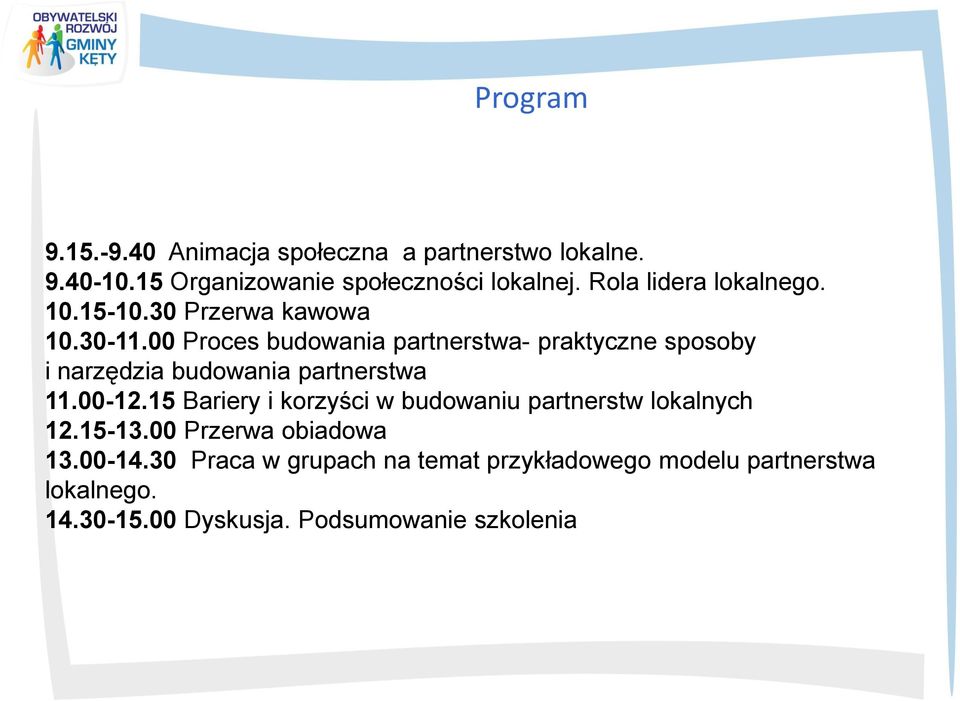 00 Proces budowania partnerstwa- praktyczne sposoby i narzędzia budowania partnerstwa 11.00-12.