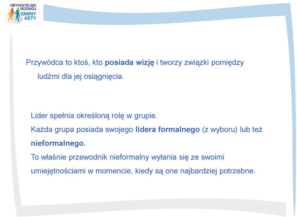 Każda grupa posiada swojego lidera formalnego (z wyboru) lub też nieformalnego.