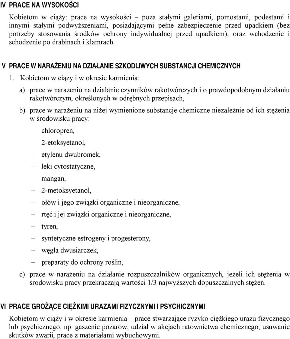 Kobietom w ciąży i w okresie karmienia: a) prace w narażeniu na działanie czynników rakotwórczych i o prawdopodobnym działaniu rakotwórczym, określonych w odrębnych przepisach, b) prace w narażeniu