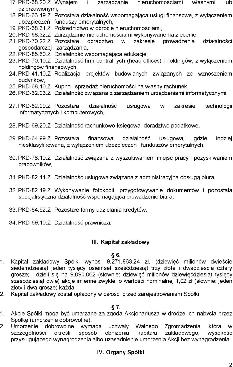 Z Zarządzanie nieruchomościami wykonywane na zlecenie, 21. PKD-70.22.Z Pozostałe doradztwo w zakresie prowadzenia działalności gospodarczej i zarządzania, 22. PKD-85.60.