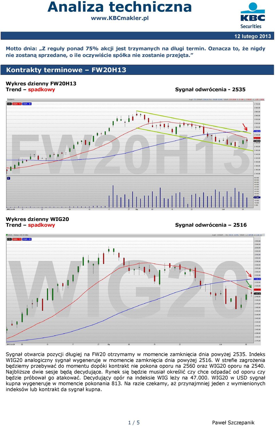 powyżej 2535. Indeks WIG20 analogiczny sygnał wygeneruje w momencie zamknięcia dnia powyżej 2516.