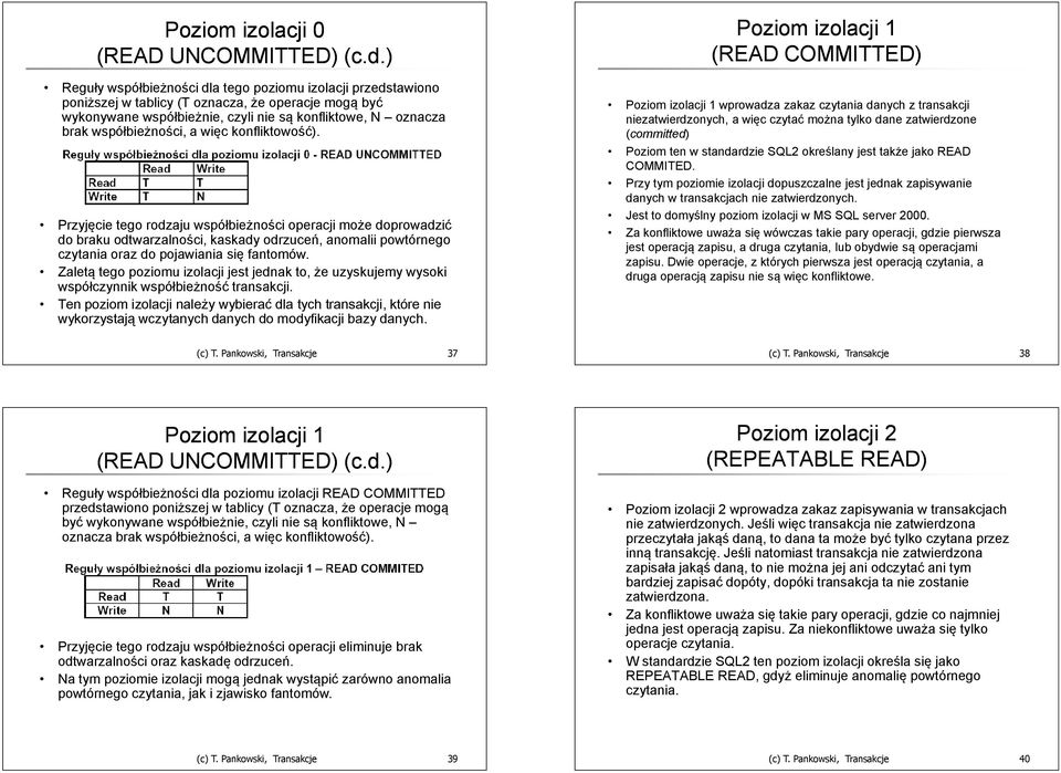 oraz do pojawiania się fantomów Zaletą te poziomu izolacji jest jednak to, że uzyskujemy wysoki współczynnik współbieżność transakcji Ten poziom izolacji nale y wybierać dla tych transakcji, które