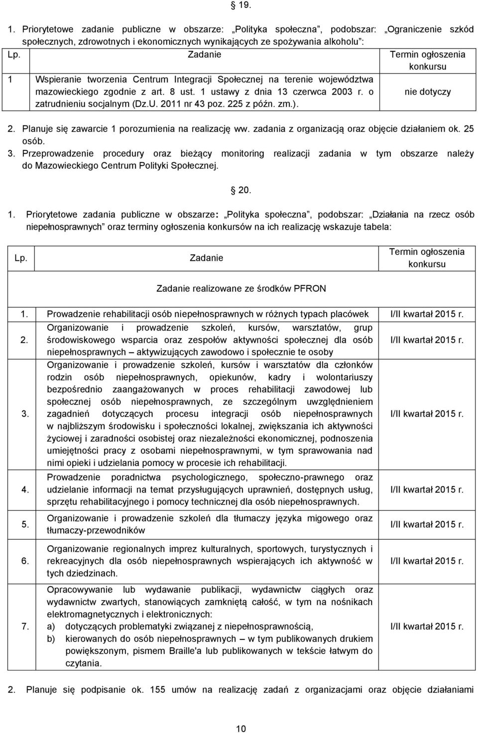 o zatrudnieniu socjalnym (Dz.U. 2011 nr 43 poz. 225 z późn. zm.). nie dotyczy 2. Planuje się zawarcie 1 porozumienia na realizację ww. zadania z organizacją oraz objęcie działaniem ok. 25 osób. 3.