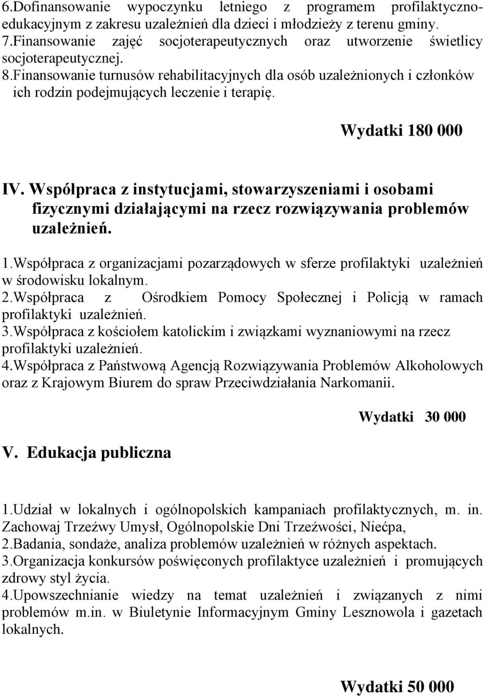 Finansowanie turnusów rehabilitacyjnych dla osób uzależnionych i członków ich rodzin podejmujących leczenie i terapię. Wydatki 180 000 IV.