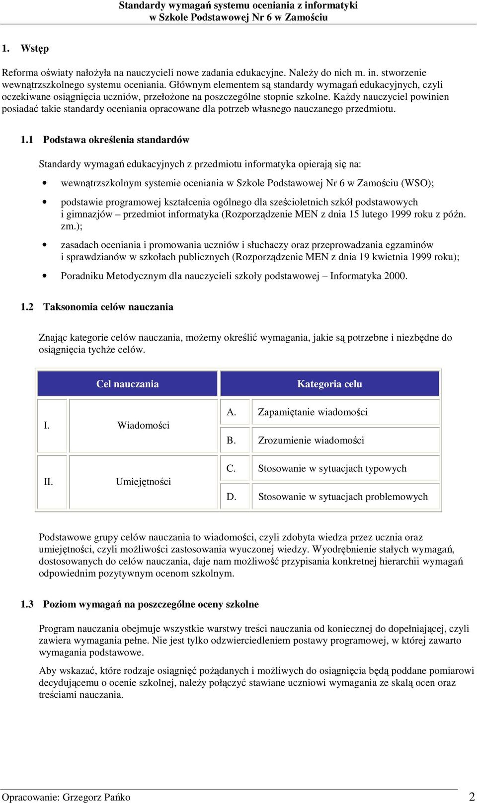 KaŜdy nauczyciel powinien posiadać takie standardy oceniania opracowane dla potrzeb własnego nauczanego przedmiotu. 1.