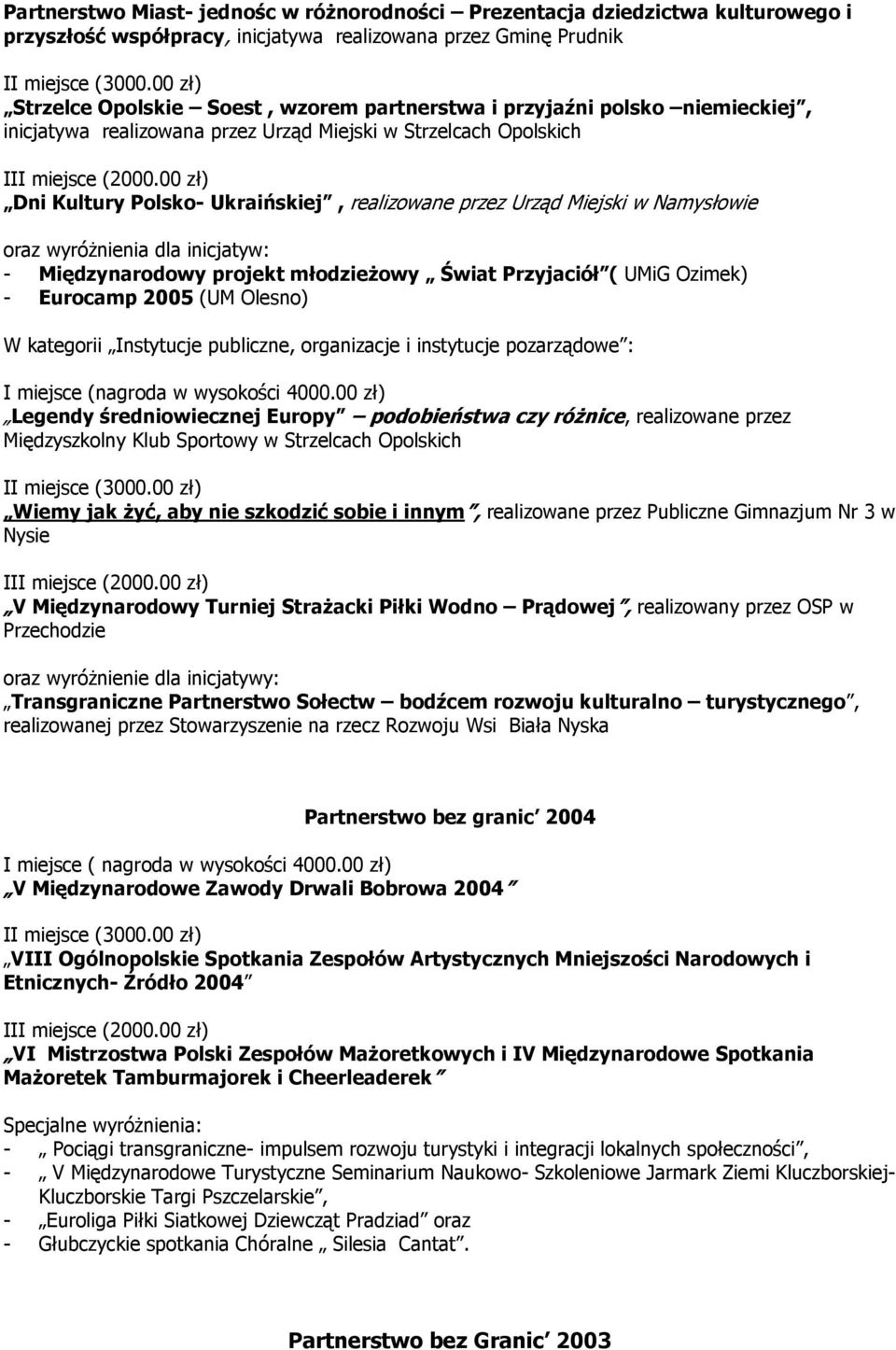 młodzieŝowy Świat Przyjaciół ( UMiG Ozimek) - Eurocamp 2005 (UM Olesno) W kategorii Instytucje publiczne, organizacje i instytucje pozarządowe : I miejsce (nagroda w wysokości 4000.