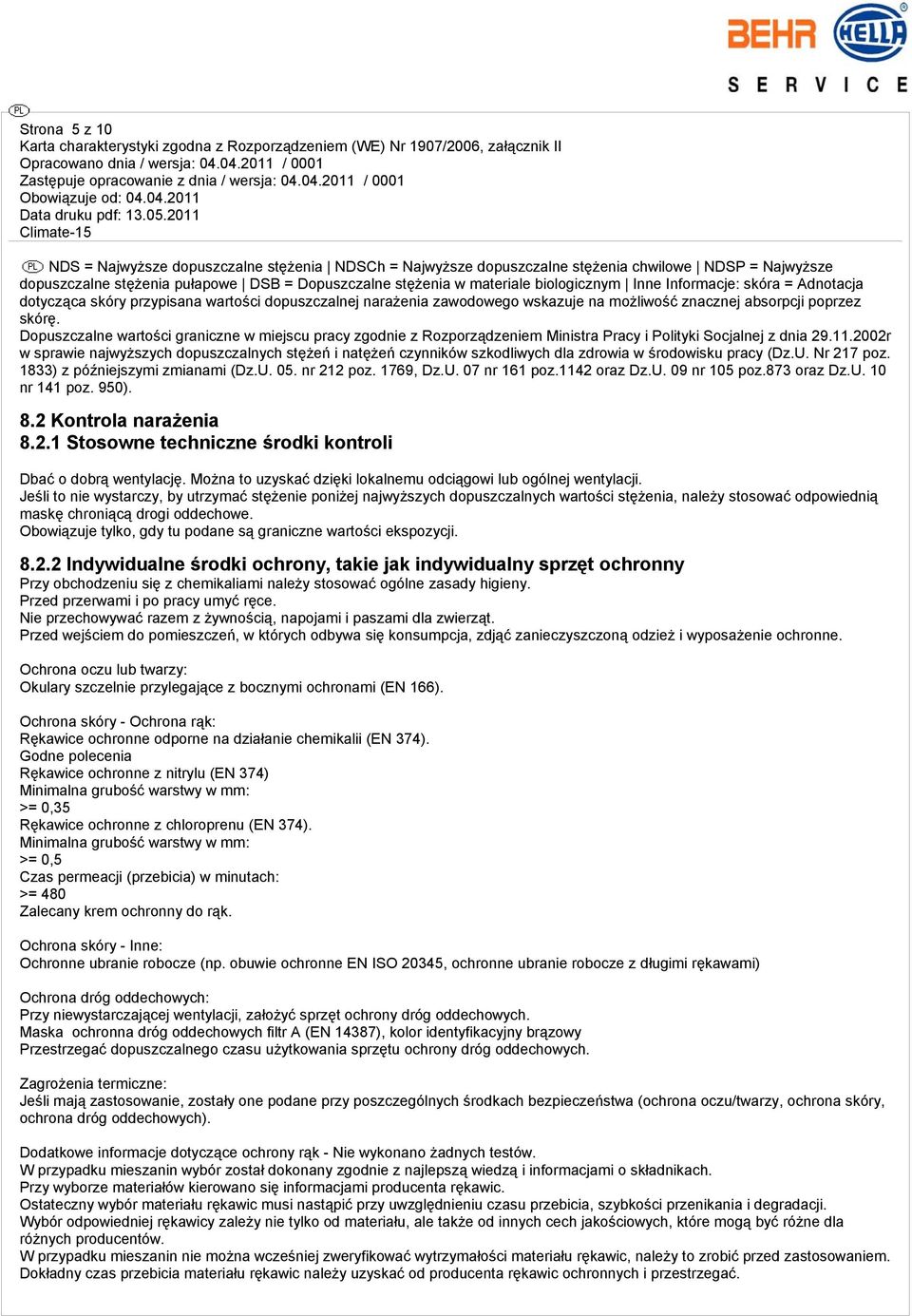 Dopuszczalne wartości graniczne w miejscu pracy zgodnie z Rozporządzeniem Ministra Pracy i Polityki Socjalnej z dnia 29.11.