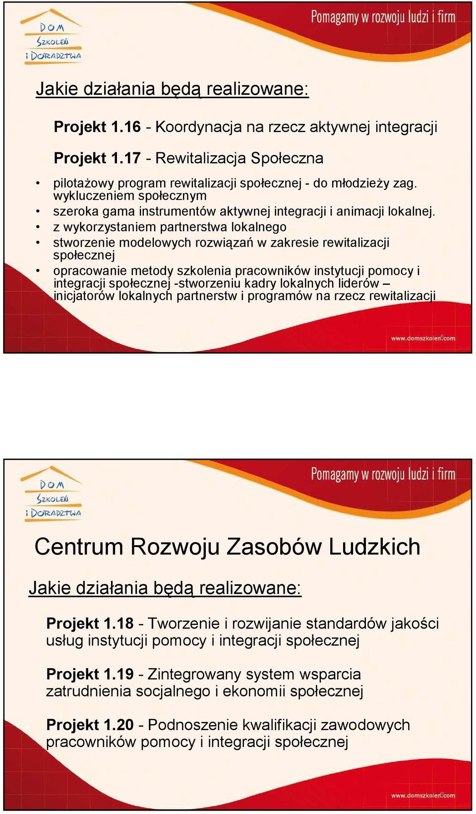 z wykorzystaniem partnerstwa lokalnego stworzenie modelowych rozwiązań w zakresie rewitalizacji społecznej opracowanie metody szkolenia pracowników instytucji pomocy i integracji społecznej