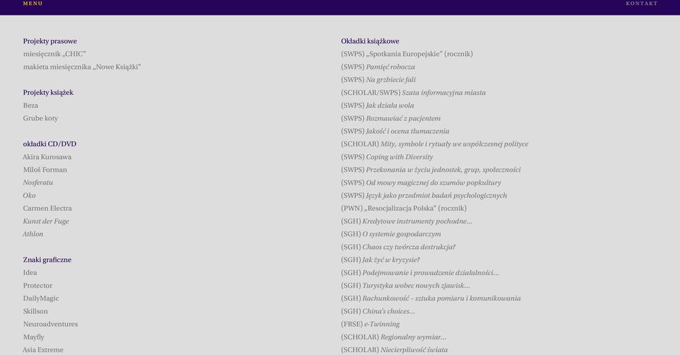 fali (SCHOLAR/SWPS) Szata informacyjna miasta (SWPS) Jak działa wola (SWPS) Rozmawiać z pacjentem (SWPS) Jakość i ocena tłumaczenia (SCHOLAR) Mity, symbole i rytuały we współczesnej polityce (SWPS)