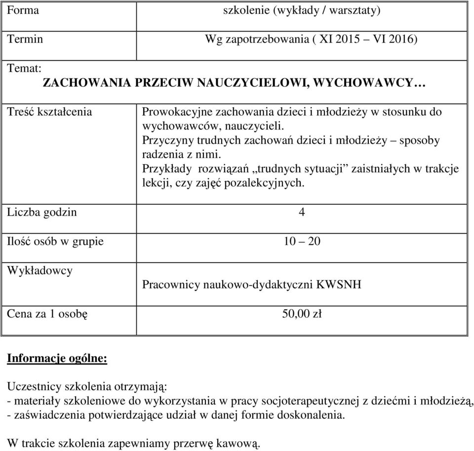 Przykłady rozwiązań trudnych sytuacji zaistniałych w trakcje lekcji, czy zajęć pozalekcyjnych.