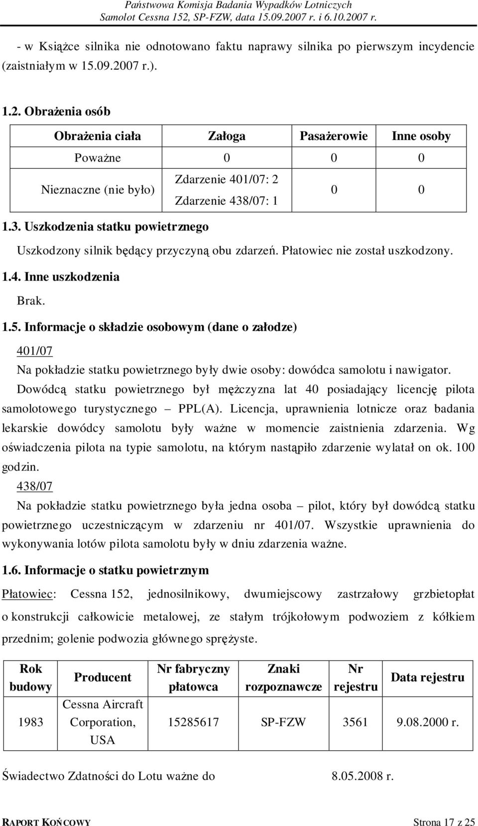 /07: 1 0 0 1.3. Uszkodzenia statku powietrznego Uszkodzony silnik będący przyczyną obu zdarzeń. Płatowiec nie został uszkodzony. 1.4. Inne uszkodzenia Brak. 1.5.