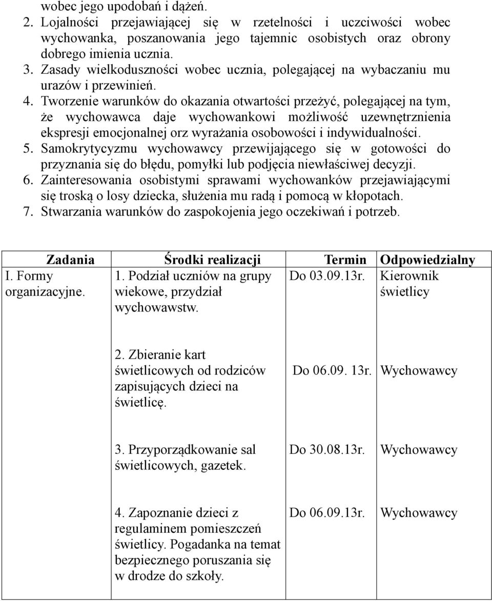 Tworzenie warunków do okazania otwartości przeżyć, polegającej na tym, że wychowawca daje wychowankowi możliwość uzewnętrznienia ekspresji emocjonalnej orz wyrażania osobowości i indywidualności. 5.