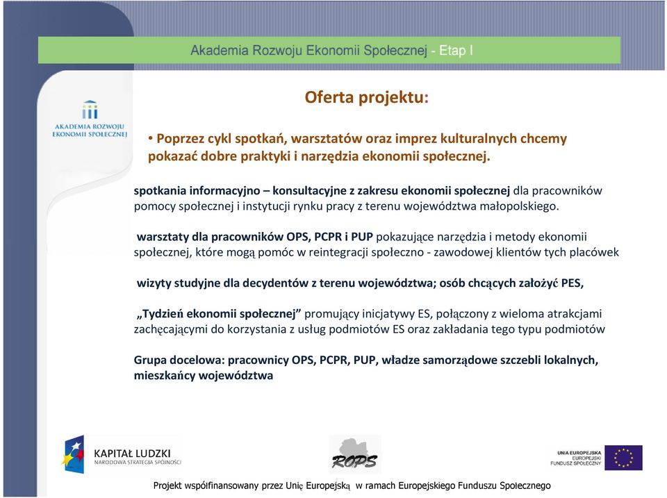 warsztaty dla pracowników OPS, PCPR i PUP pokazujące narzędzia i metody ekonomii społecznej, które mogą pomóc w reintegracji społeczno - zawodowej klientów tych placówek wizyty studyjne dla