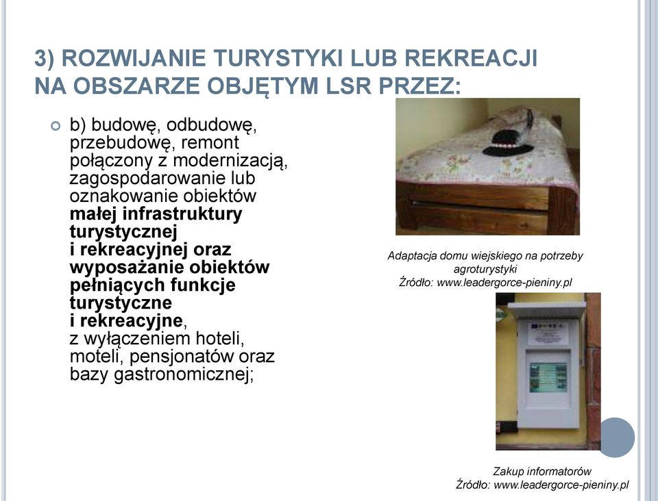 obiektów pełniących funkcje turystyczne i rekreacyjne, z wyłączeniem hoteli, moteli, pensjonatów oraz bazy gastronomicznej;