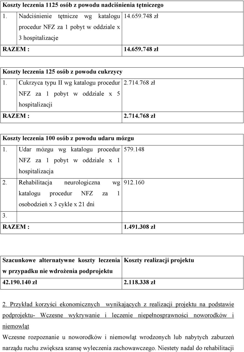 148 NFZ za 1 pobyt w oddziale x 1 hospitalizacja 2. Rehabilitacja neurologiczna wg 912.160 katalogu procedur NFZ za 1 osobodzień x 3 cykle x 21 dni 3. 1.491.