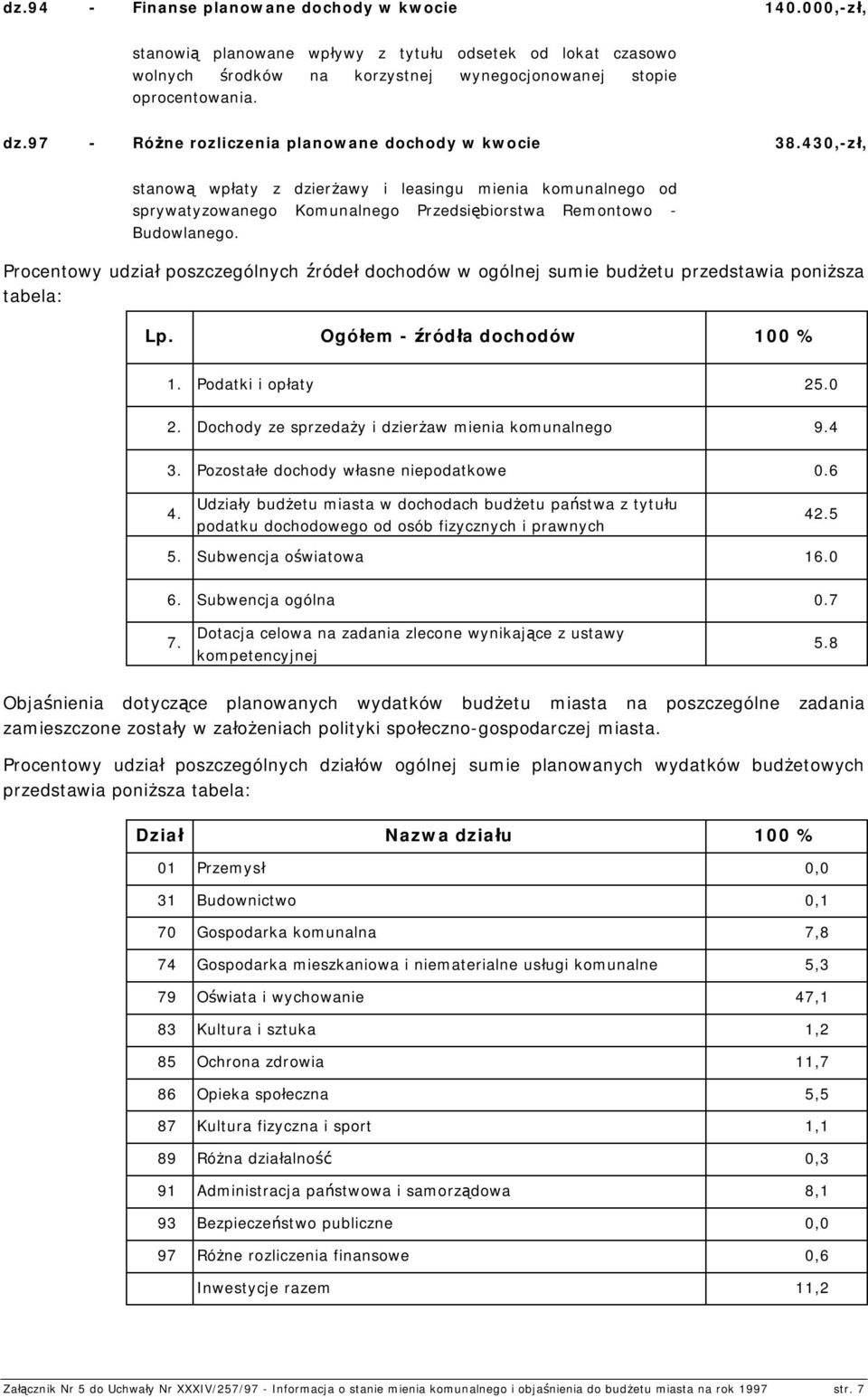 Procentowy udział poszczególnych źródeł dochodów w ogólnej sumie budżetu przedstawia poniższa tabela: Lp. Ogółem - źródła dochodów 100 % 1. Podatki i opłaty 25.0 2.