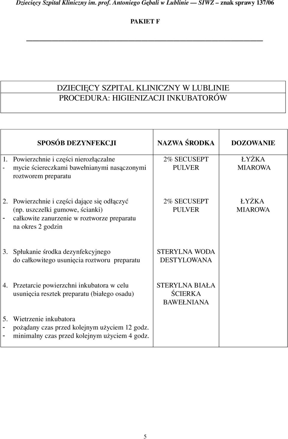 uszczelki gumowe, ścianki) - całkowite zanurzenie w roztworze preparatu na okres 2 godzin 2% SECUSEPT PULVER ŁYŻKA MIAROWA 3.