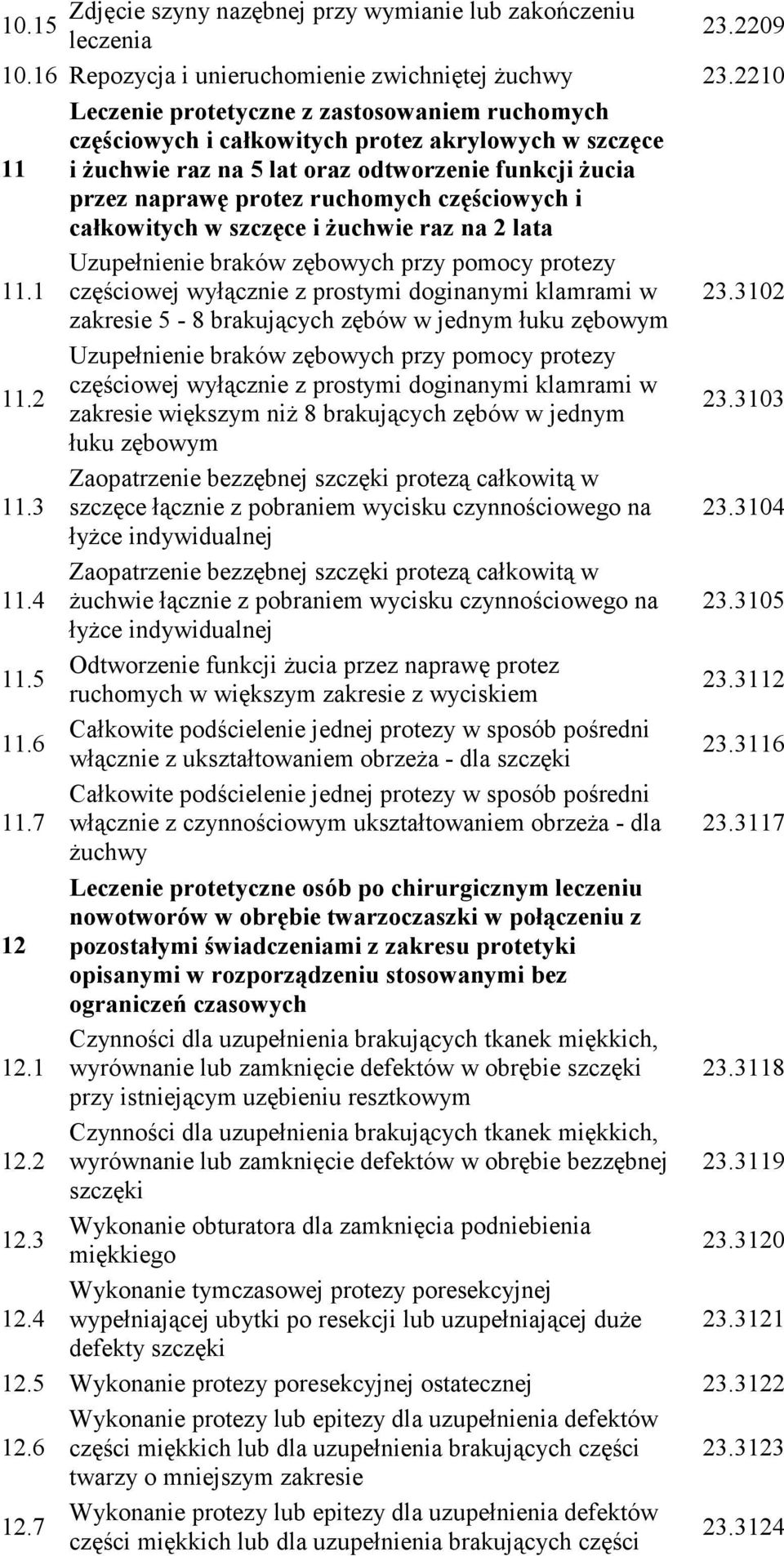 częściowych i całkowitych w szczęce i Ŝuchwie raz na 2 lata 11.1 Uzupełnienie braków zębowych przy pomocy protezy częściowej wyłącznie z prostymi doginanymi klamrami w 23.