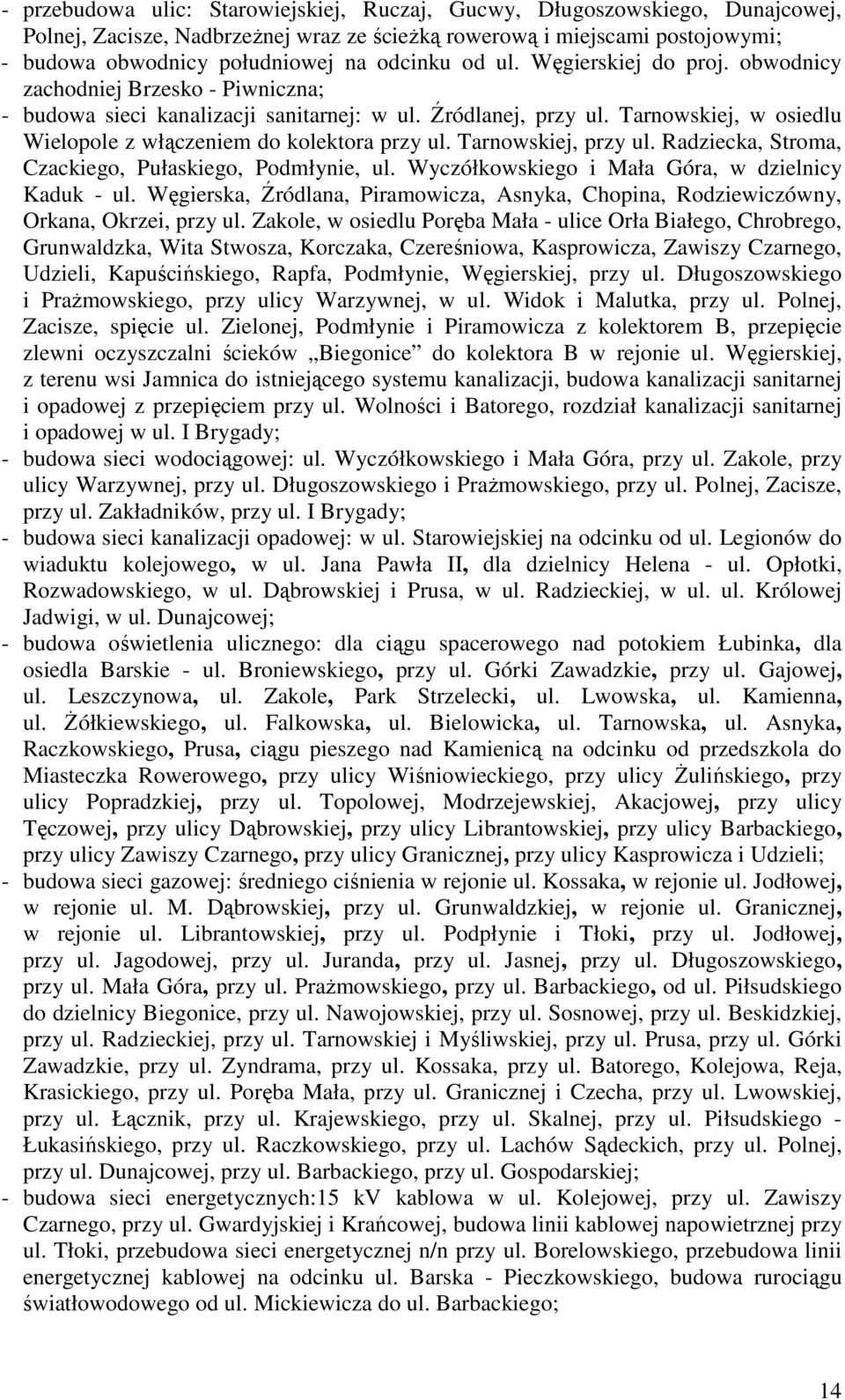 Tarnowskiej, w osiedlu Wielopole z włączeniem do kolektora przy ul. Tarnowskiej, przy ul. Radziecka, Stroma, Czackiego, Pułaskiego, Podmłynie, ul. Wyczółkowskiego i Mała Góra, w dzielnicy Kaduk - ul.