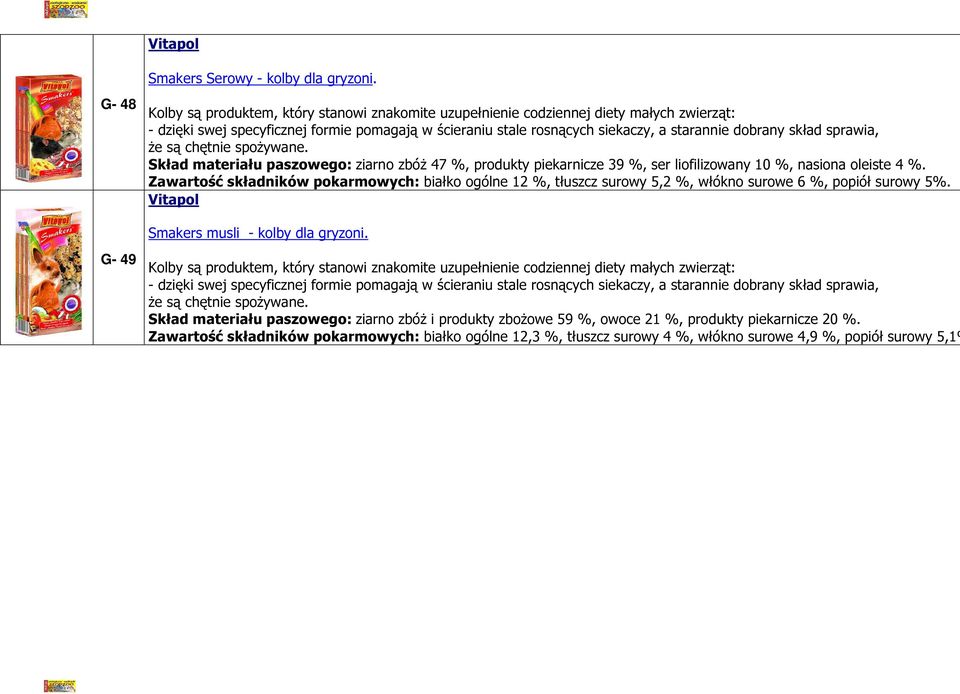 Zawartość składników pokarmowych: białko ogólne 12 %, tłuszcz surowy 5,2 %, włókno surowe 6 %, popiół surowy 5%.