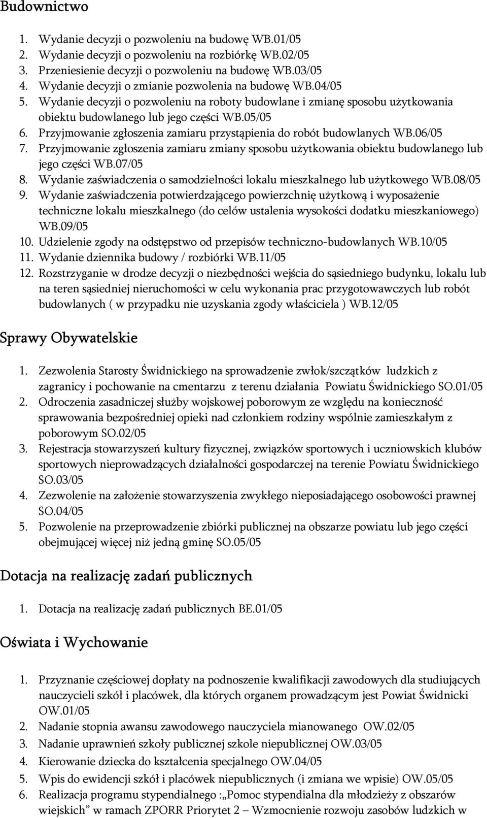 Przyjmowanie zgłoszenia zamiaru przystąpienia do robót budowlanych WB.06/05 7. Przyjmowanie zgłoszenia zamiaru zmiany sposobu użytkowania obiektu budowlanego lub jego części WB.07/05 8.