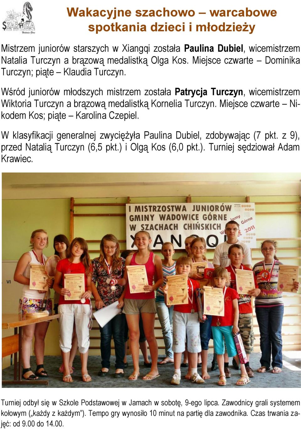 W klasyfikacji generalnej zwyciężyła Paulina Dubiel, zdobywając (7 pkt. z 9), przed Natalią Turczyn (6,5 pkt.) i Olgą Kos (6,0 pkt.). Turniej sędziował Adam Krawiec.