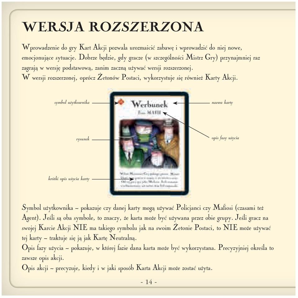 W wersji rozszerzonej, oprócz Żetonów Postaci, wykorzystuje się również Karty Akcji.