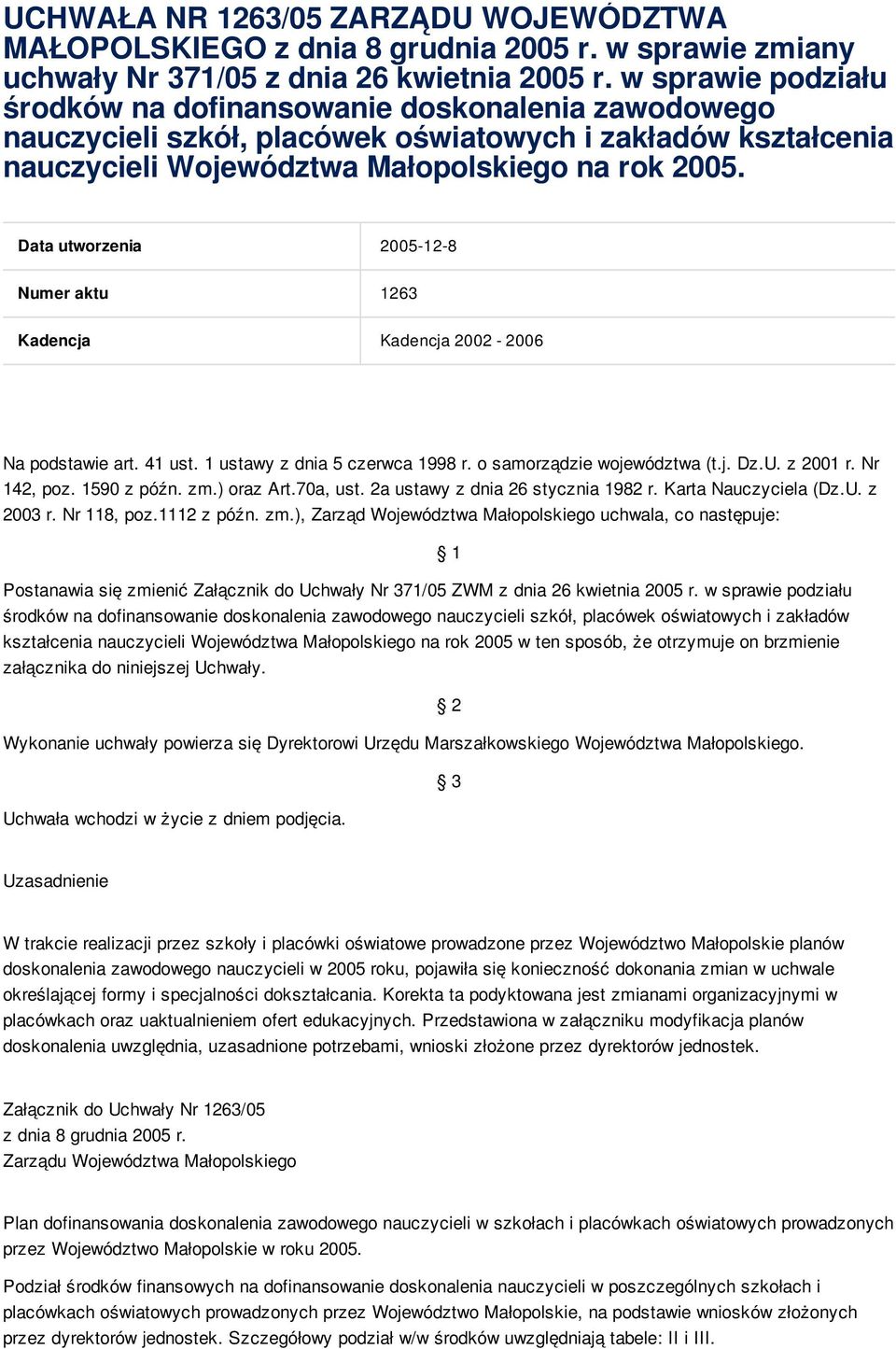 Data utworzenia 2005-12-8 Numer aktu 1263 Kadencja Kadencja 2002-2006 Na podstawie art. 41 ust. 1 ustawy z dnia 5 czerwca 1998 r. o samorządzie województwa (t.j. Dz.U. z 2001 r. Nr 142, poz.