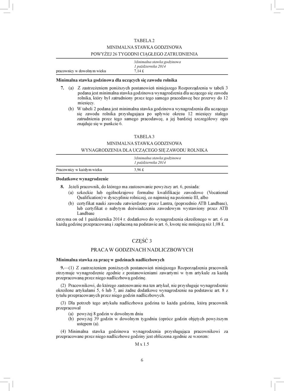 (a) Z zastrzeżeniem poniższych postanowień niniejszego Rozporządzenia w tabeli 3 podana jest minimalna stawka godzinowa wynagrodzenia dla uczącego się zawodu rolnika, który był zatrudniony przez tego