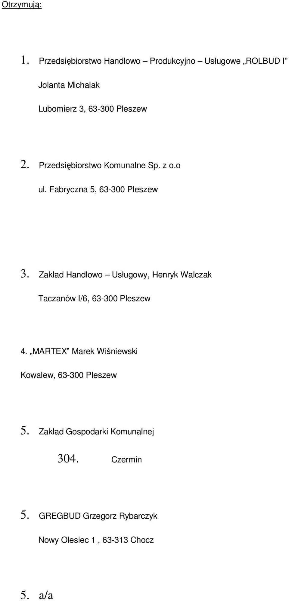 Przedsiębiorstwo Komunalne Sp. z o.o ul. Fabryczna 5, 63-300 Pleszew 3.