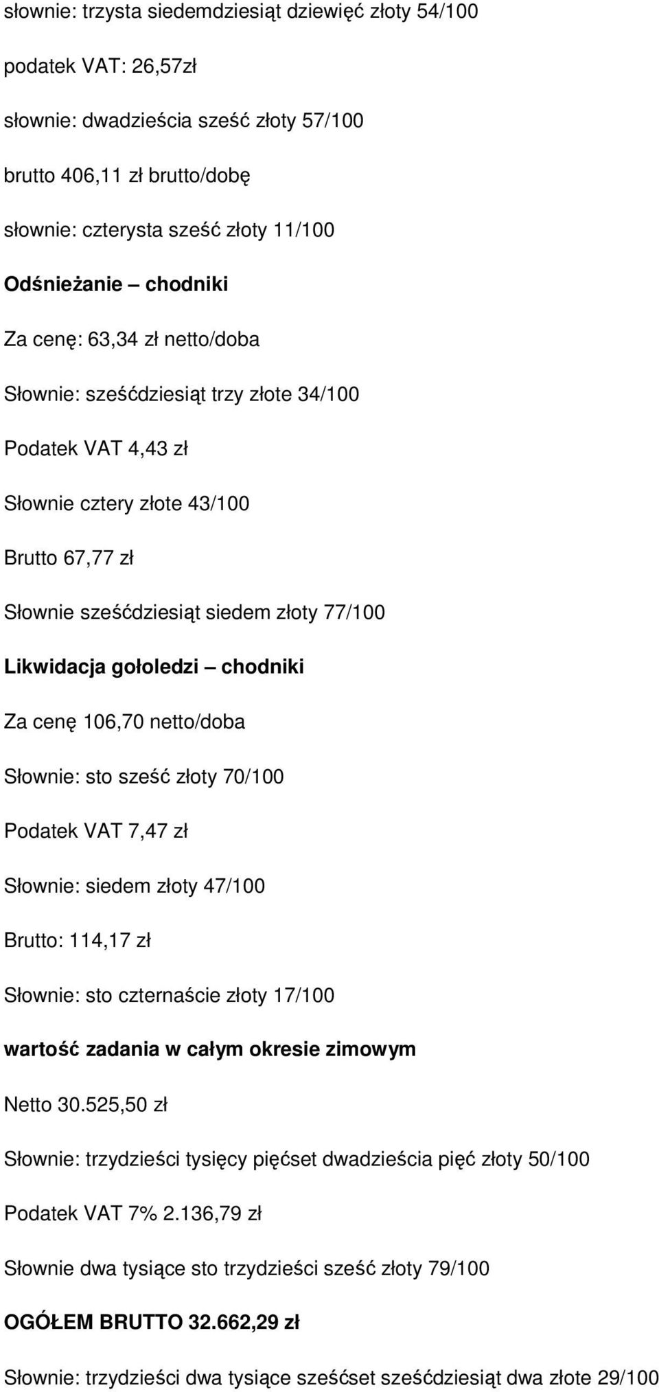 netto/doba Słownie: sto sześć złoty 70/100 Podatek VAT 7,47 zł Słownie: siedem złoty 47/100 Brutto: 114,17 zł Słownie: sto czternaście złoty 17/100 wartość zadania w całym okresie zimowym Netto 30.