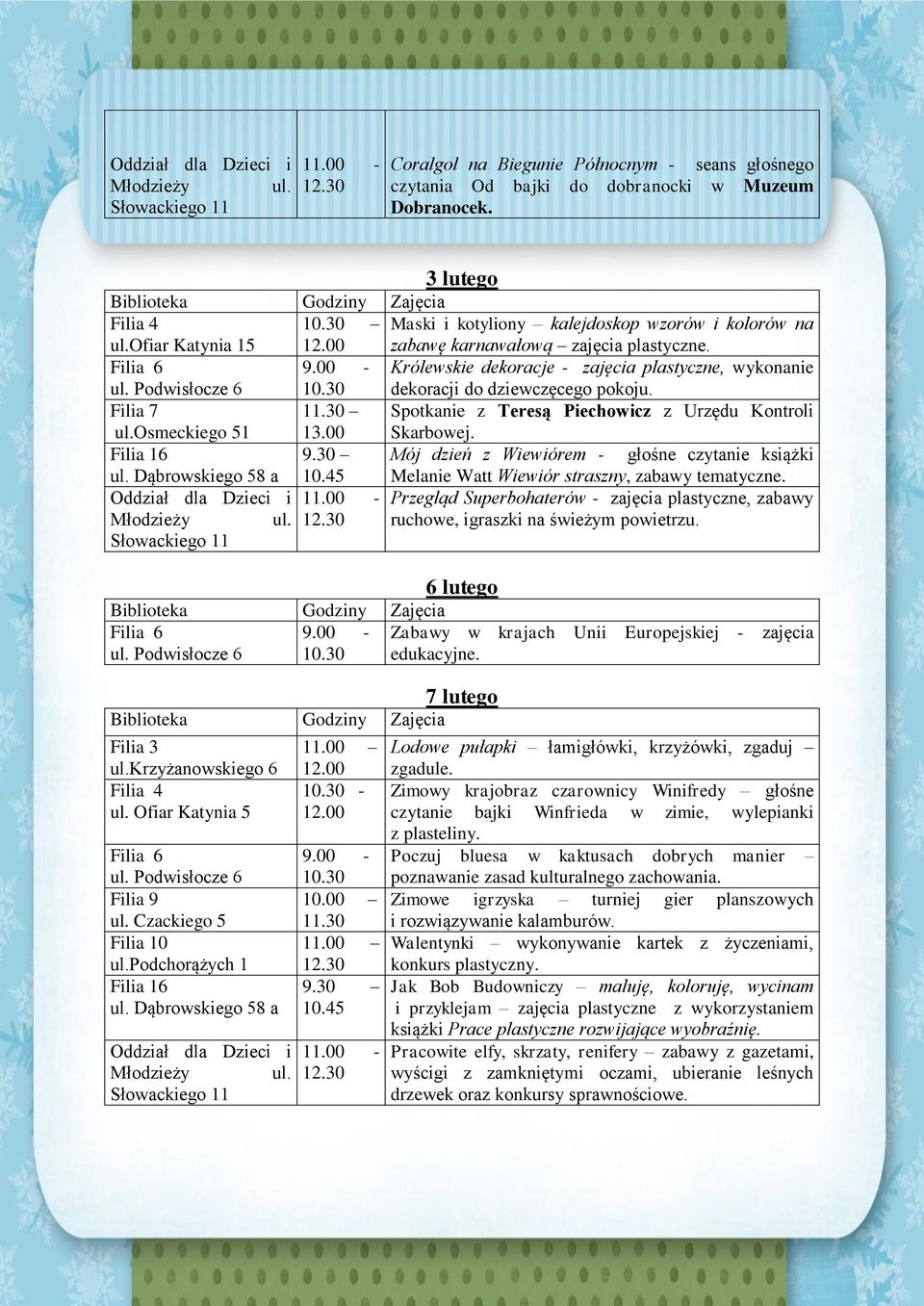 00 Spotkanie z Teresą Piechowicz z Urzędu Kontroli Skarbowej. Filia 16 9.30 Mój dzień z Wiewiórem - głośne czytanie książki ul. Dąbrowskiego 58 a 10.