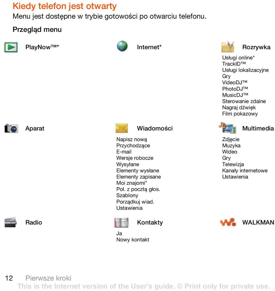 dźwięk Film pokazowy Aparat Wiadomości Multimedia Napisz nową Przychodzące E-mail Wersje robocze Wysyłane Elementy wysłane Elementy