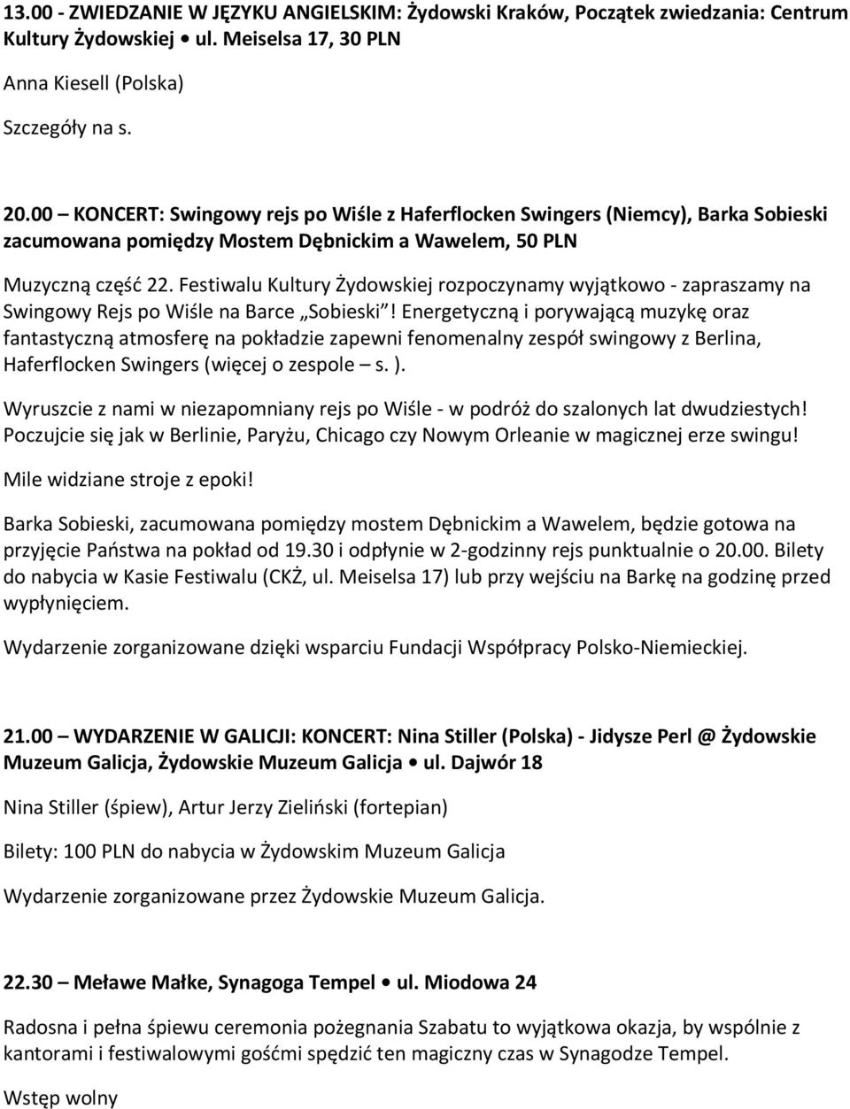 Festiwalu Kultury Żydowskiej rozpoczynamy wyjątkowo - zapraszamy na Swingowy Rejs po Wiśle na Barce Sobieski!