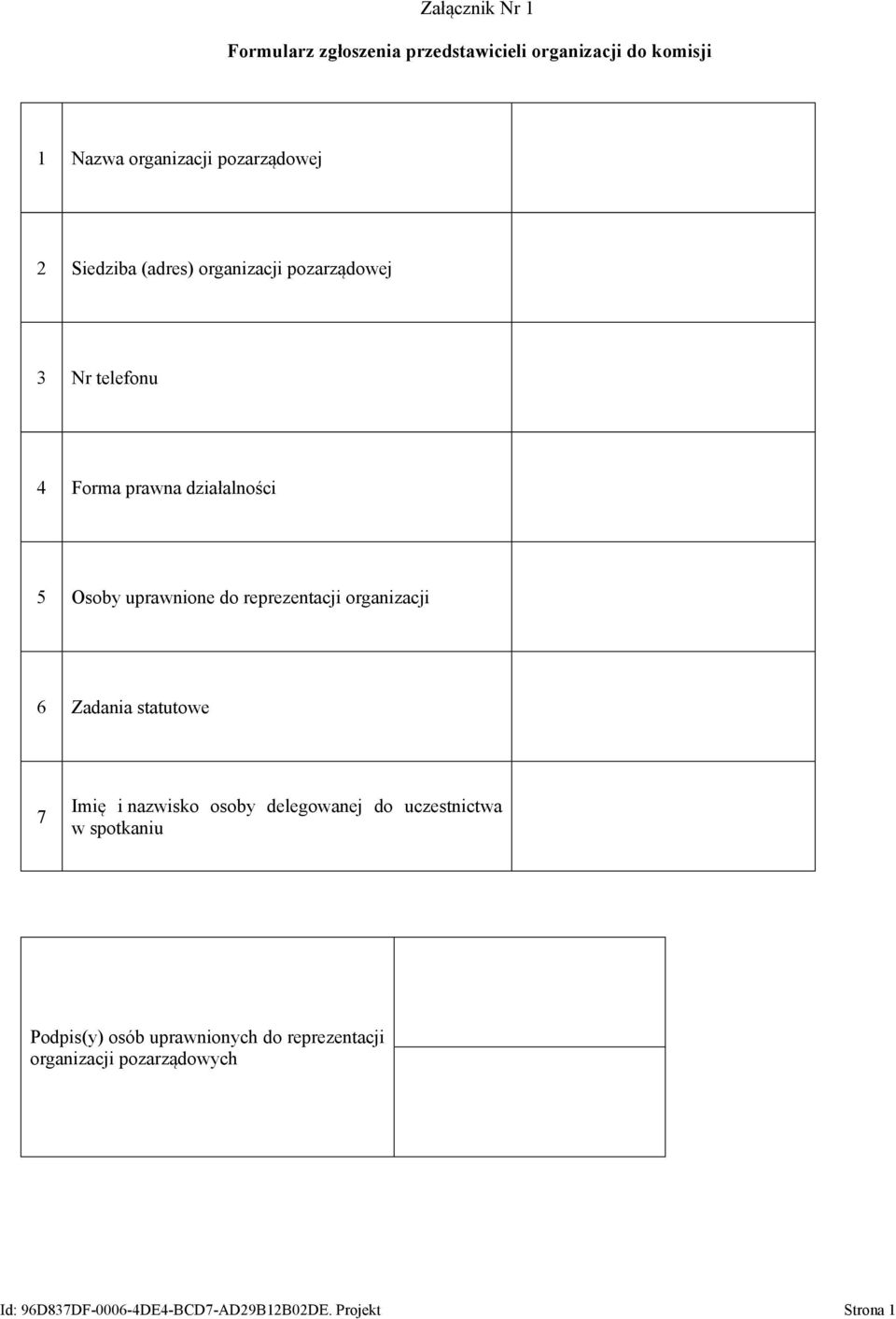 reprezentacji organizacji 6 Zadania statutowe 7 Imię i nazwisko osoby delegowanej do uczestnictwa w spotkaniu