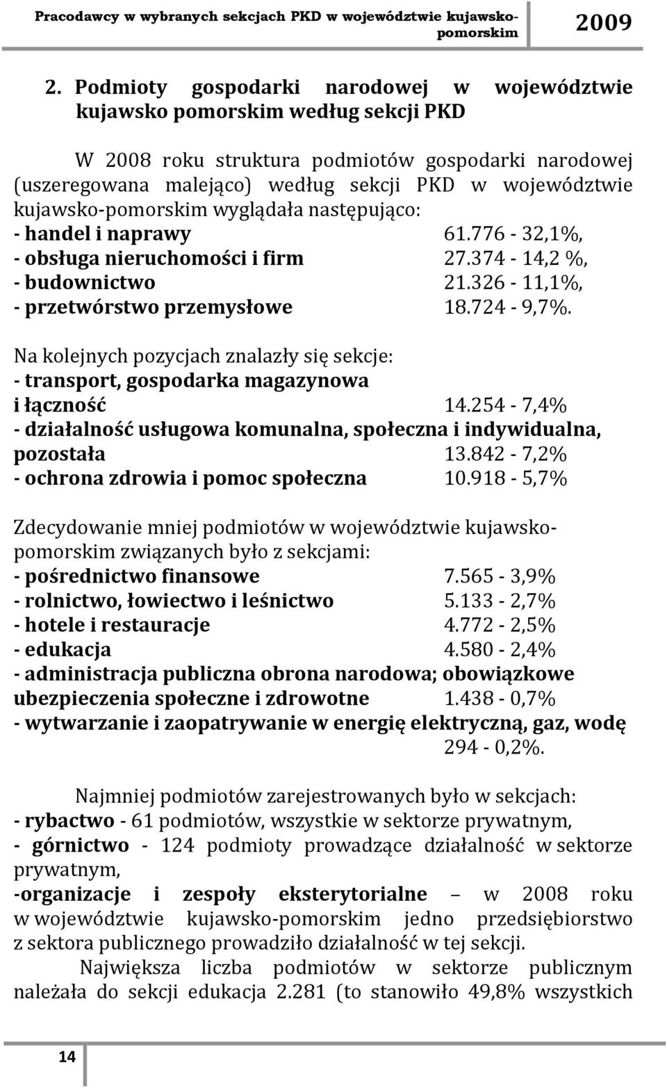 Na kolejnych pozycjach znalazły się sekcje: - transport, gospodarka magazynowa i łączność 14.254-7,4% - działalność usługowa komunalna, społeczna i indywidualna, pozostała 13.