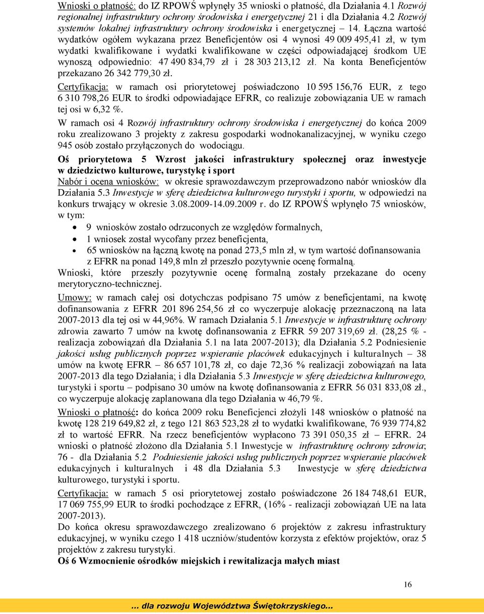 Łączna wartość wydatków ogółem wykazana przez Beneficjentów osi 4 wynosi 49 009 495,41 zł, w tym wydatki kwalifikowane i wydatki kwalifikowane w części odpowiadającej środkom UE wynoszą odpowiednio: