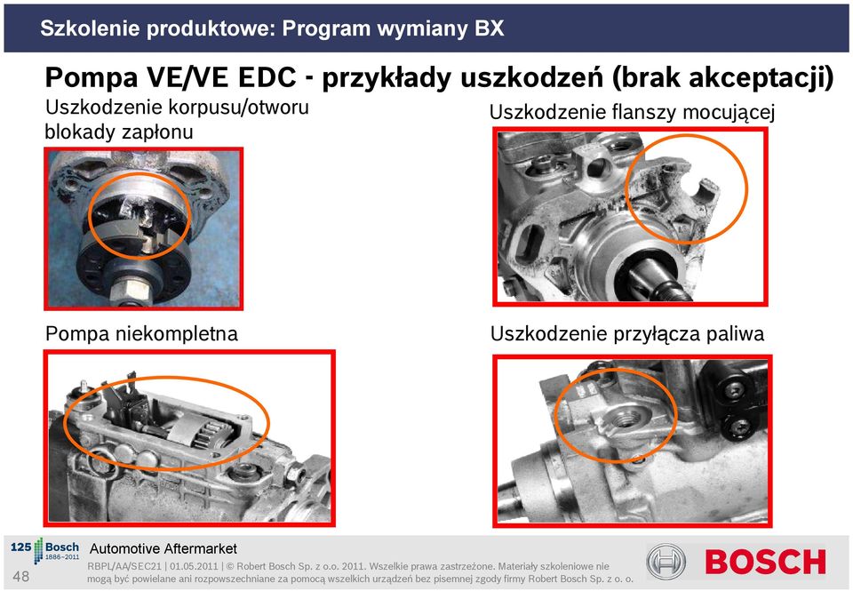 blokady zapłonu Uszkodzenie flanszy