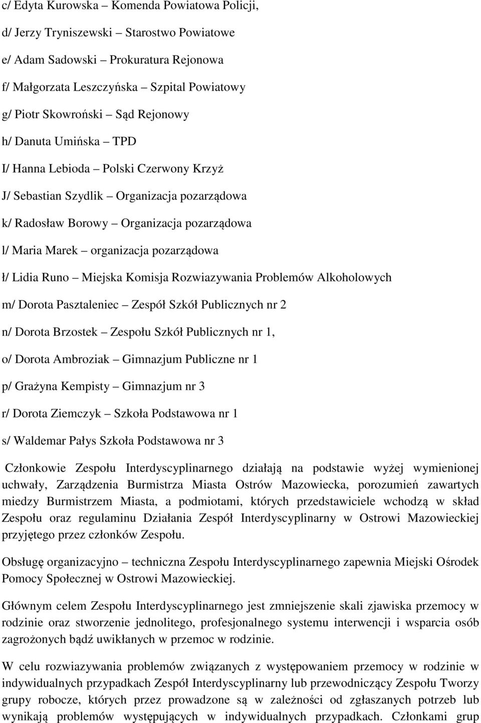 Lidia Runo Miejska Komisja Rozwiazywania Problemów Alkoholowych m/ Dorota Pasztaleniec Zespół Szkół Publicznych nr 2 n/ Dorota Brzostek Zespołu Szkół Publicznych nr 1, o/ Dorota Ambroziak Gimnazjum